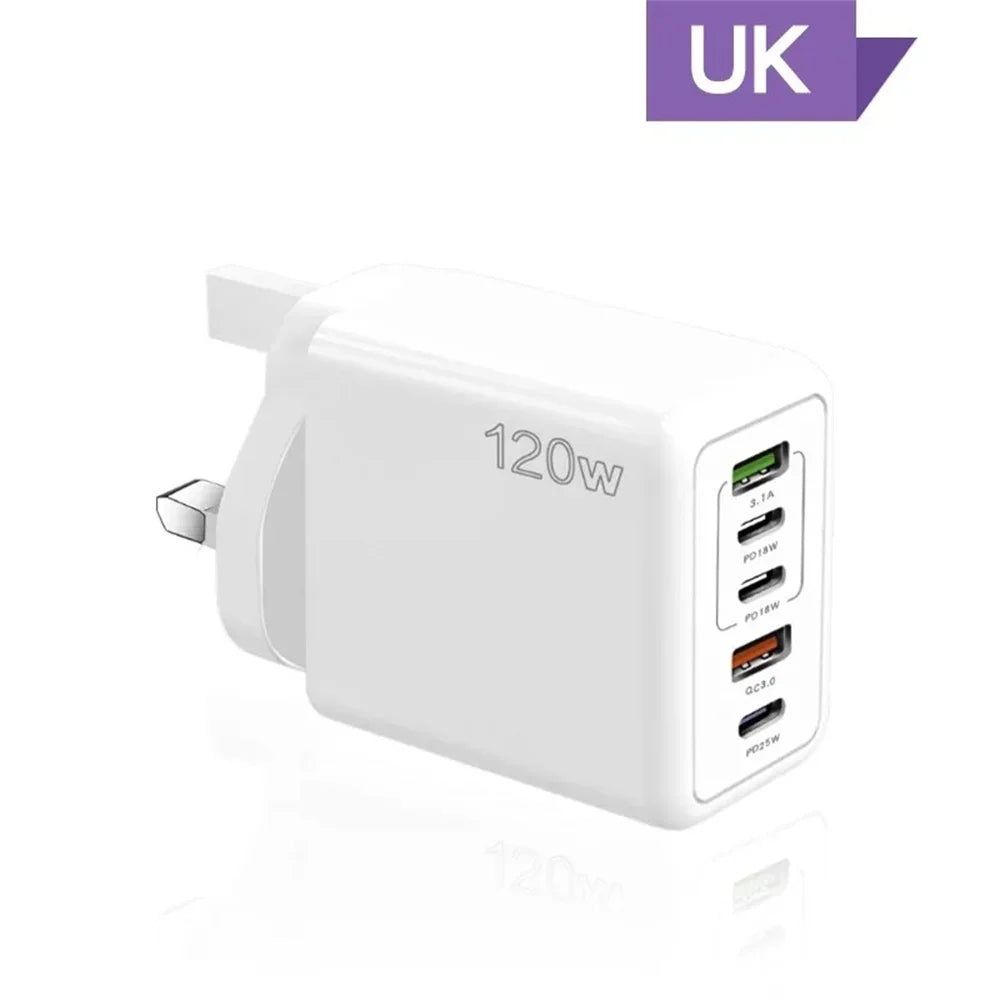 5-Port 120W USB-C PD Fast Wall Charger (3×USB-C + 2×USB-A) — Multi-Device Fast Charging for Smartphones & Tablets