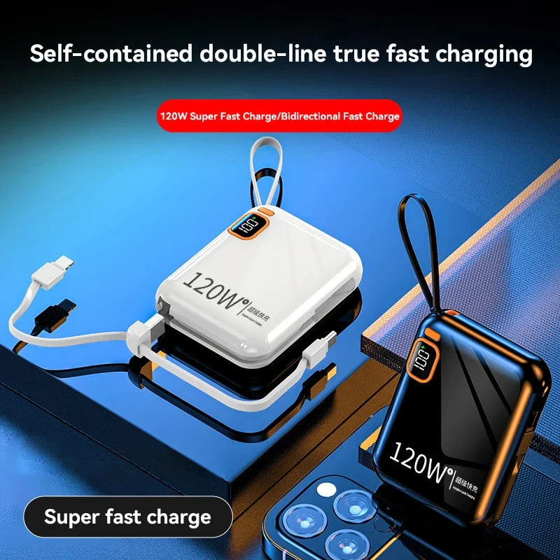 200000mAh 120W Portable Power Bank USB Type-C Two-Way Fast Charger with Built-In Cables & LED Display for iPhone & Samsung