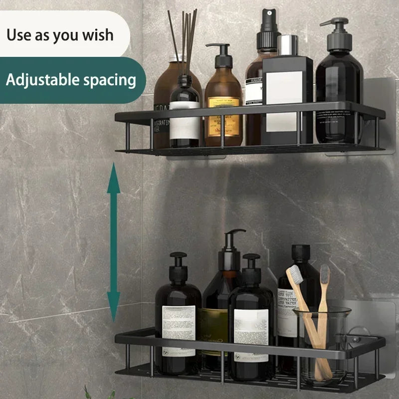 No-Drill Aluminum Alloy Bathroom Shower Shelf Wall-Mounted Shampoo Rack and Kitchen Organizer