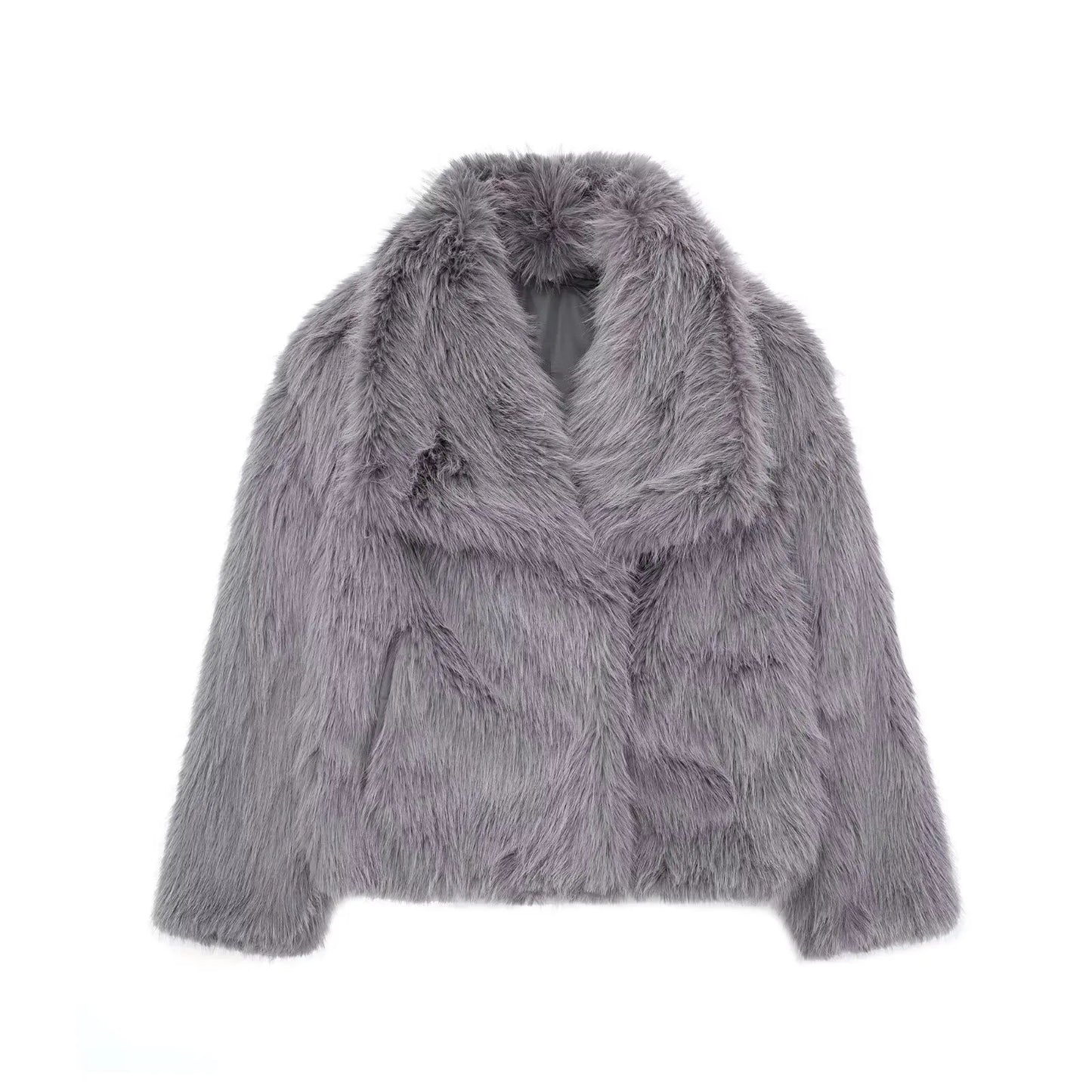 Cropped Faux Fur Jacket for Women – Long Sleeve Snap-Button Lapel Collar Thick Winter Coat