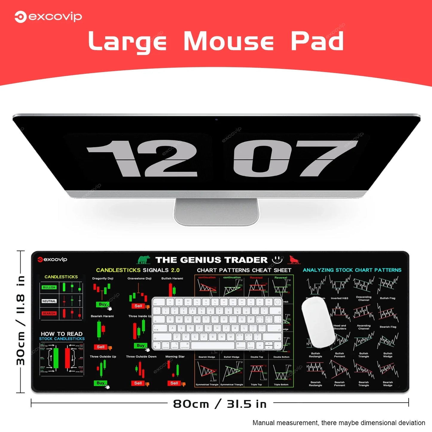 Stock Market Trader Desk Mat — Large Candlestick Chart Mouse Pad 31.4 x 11.8 in (800 x 300 x 2 mm) Stitched Edge Rubber Base