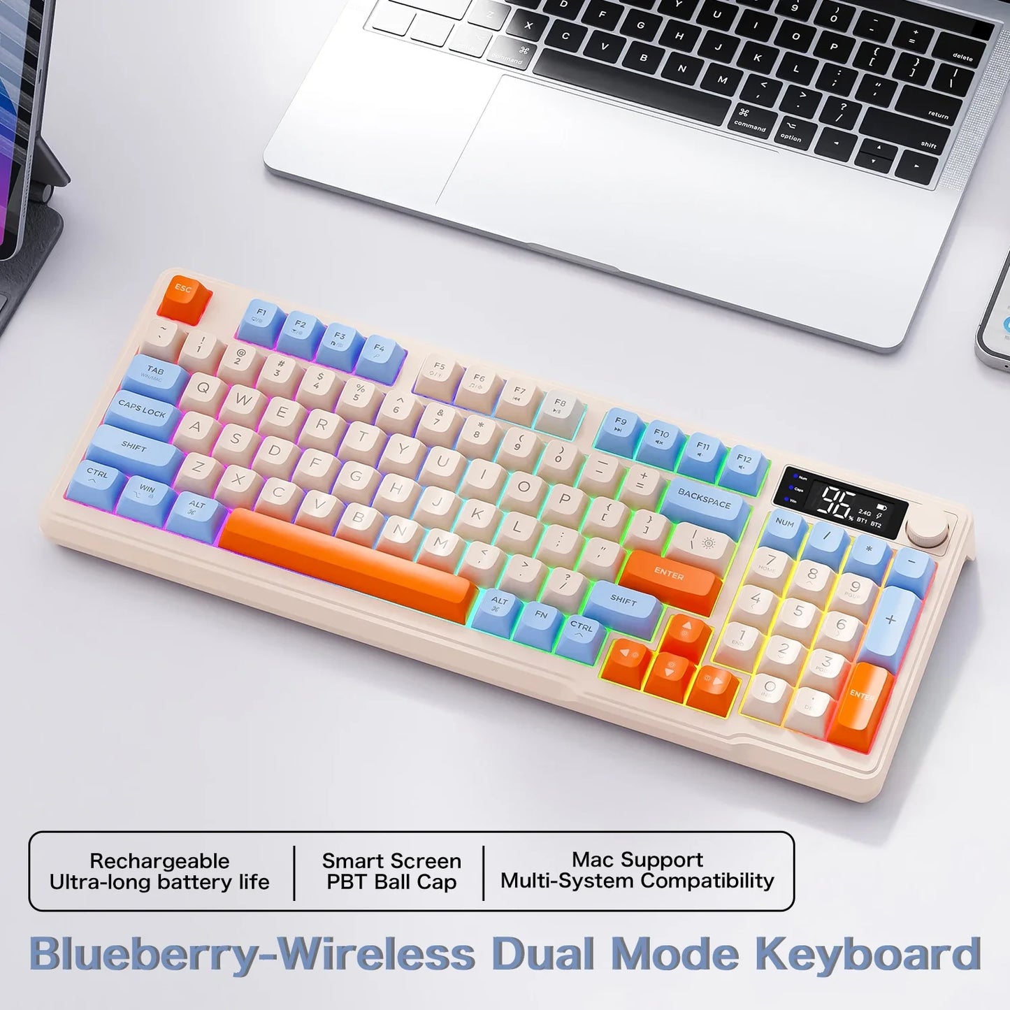 96-Key Bluetooth & 2.4G Wireless Gaming Keyboard with Smart Screen, RGB Backlight, Ergonomic PBT Keycaps — Multi-Device for PC Laptop Tablet
