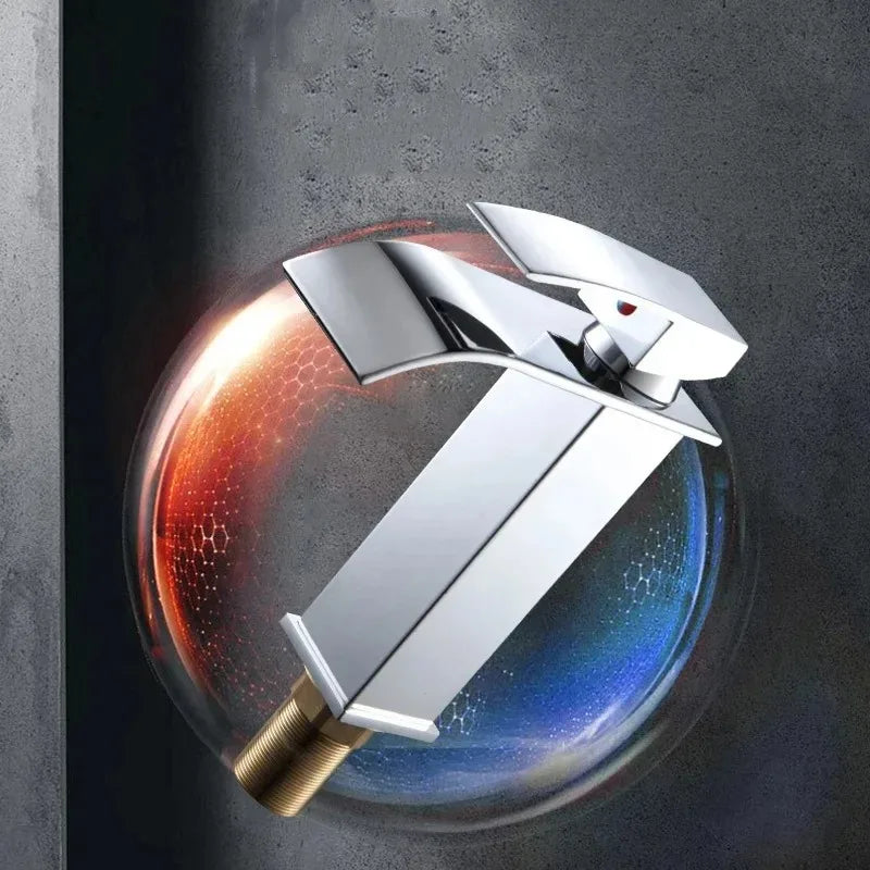 Black Waterfall Bathroom Basin Faucet – Stainless Steel Deck-Mounted High-Low Mixer Tap, Hot & Cold