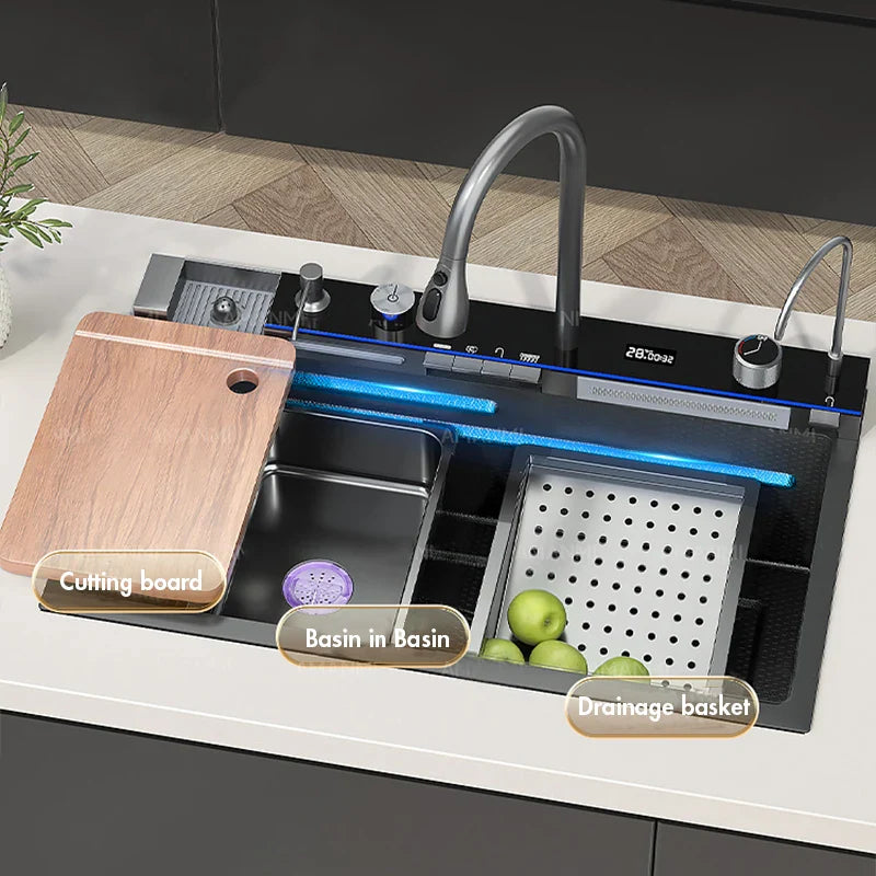 304 Stainless Steel Undermount Kitchen Sink Single Bowl 75 x 45 cm (29.5 x 17.7 in) Brushed Finish with Waterfall Faucet, Digital Display and Soap Dispenser