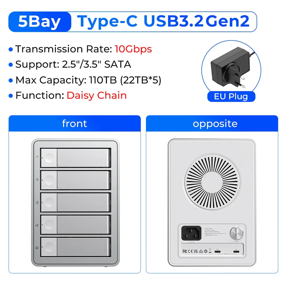 5-Bay 10Gbps SATA HDD & SSD Docking Station, 2.5"/3.5" USB 3.2 Gen2 Type-C Enclosure with Daisy Chain & 150W Power