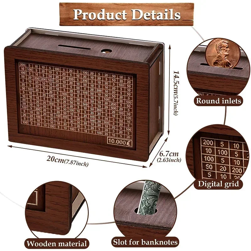 Wooden Money Challenge Box 1,000–10,000€ Piggy Bank – Cash Savings Vault
