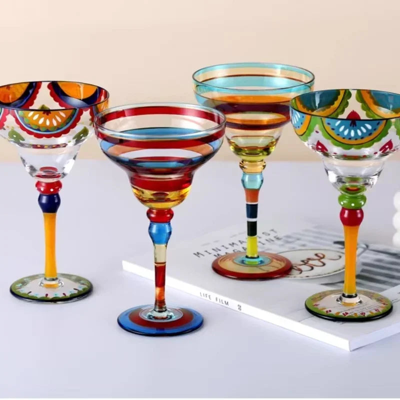 Handmade Colorful Margarita and Champagne Cocktail Glasses Set, Creative Glassware for Home Bar, Weddings and Parties