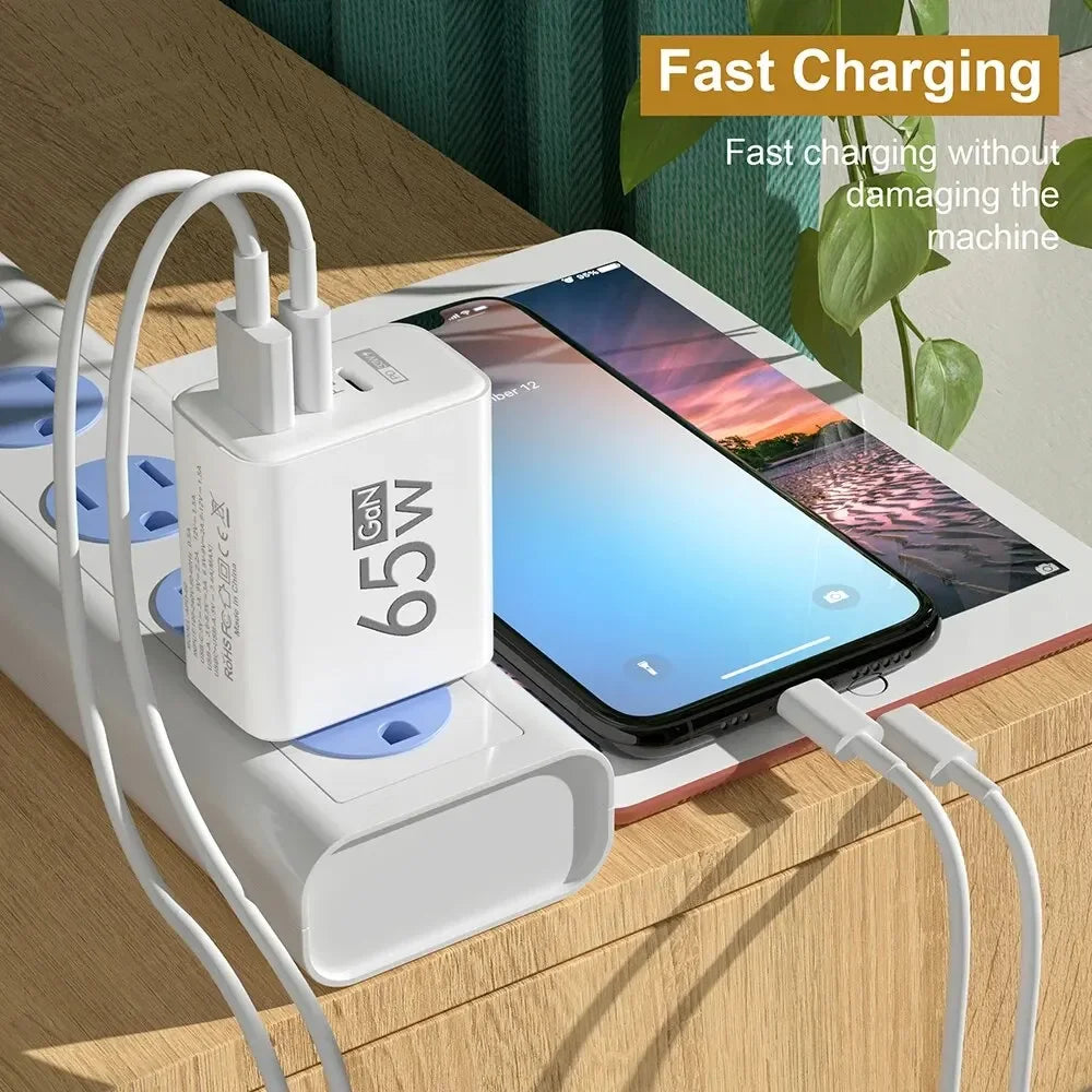 65W GaN USB-C PD Fast Charger — 3-Port USB-A/USB-C QC3.0 Power Adapter