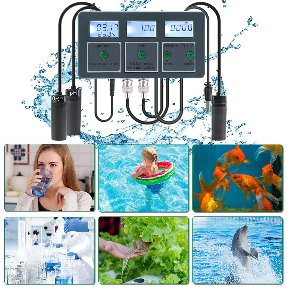 WiFi 8-in-1 Water Quality Tester – pH TDS EC ORP Salinity SG CF Temp Monitor for Aquarium & Hydroponics
