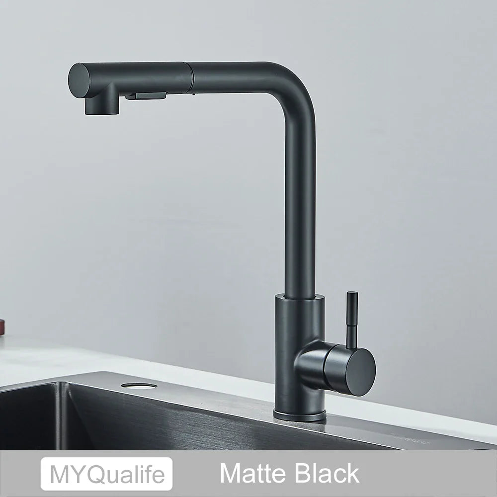 Black Pull-Out Kitchen Faucet Retractable Spray Single-Handle Deck-Mounted Mixer Tap Hot & Cold