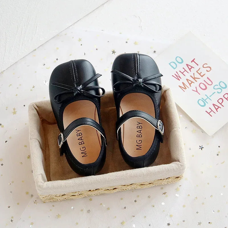 Girls PU Leather Mary Jane Flats with Butterfly Accent – Soft Sole Infant, Toddler & Kids Shoes