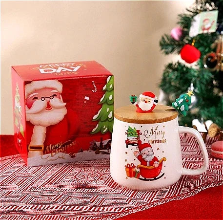Christmas Tree Ceramic Mug with Lid and Spoon, Holiday Coffee & Tea Gift