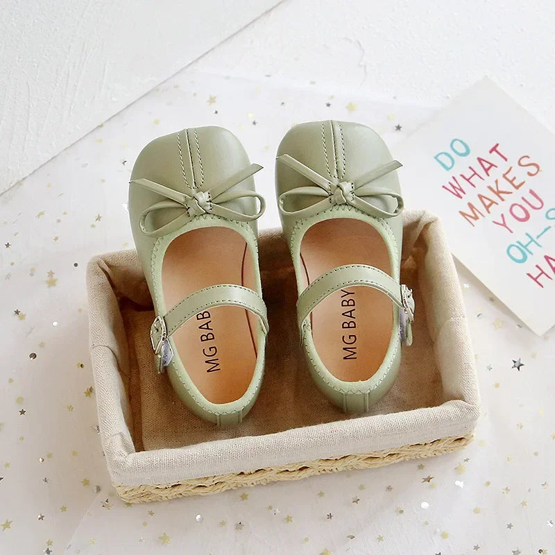 Girls PU Leather Mary Jane Flats with Butterfly Accent – Soft Sole Infant, Toddler & Kids Shoes