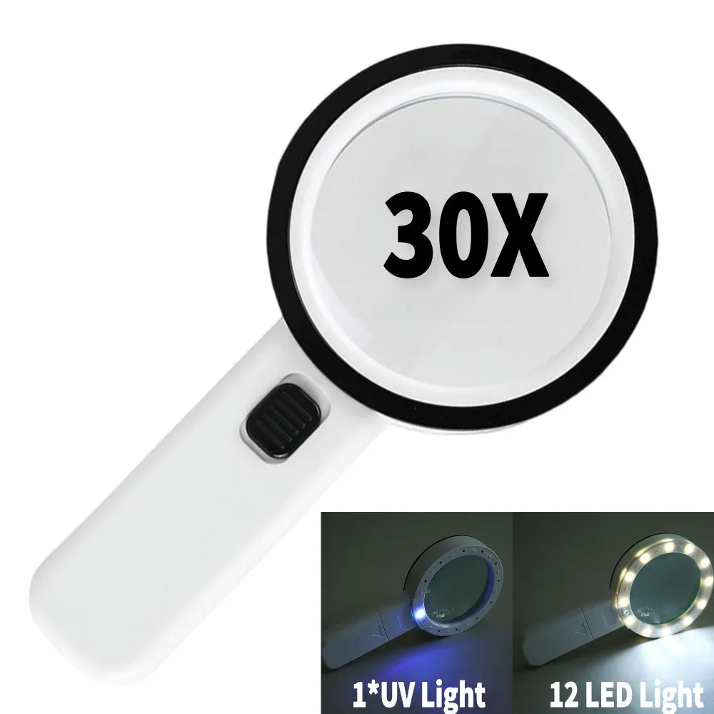 30X Handheld Magnifier with 12 LED Lights, Portable Loupe for Reading, Jewelry & Watch Repair