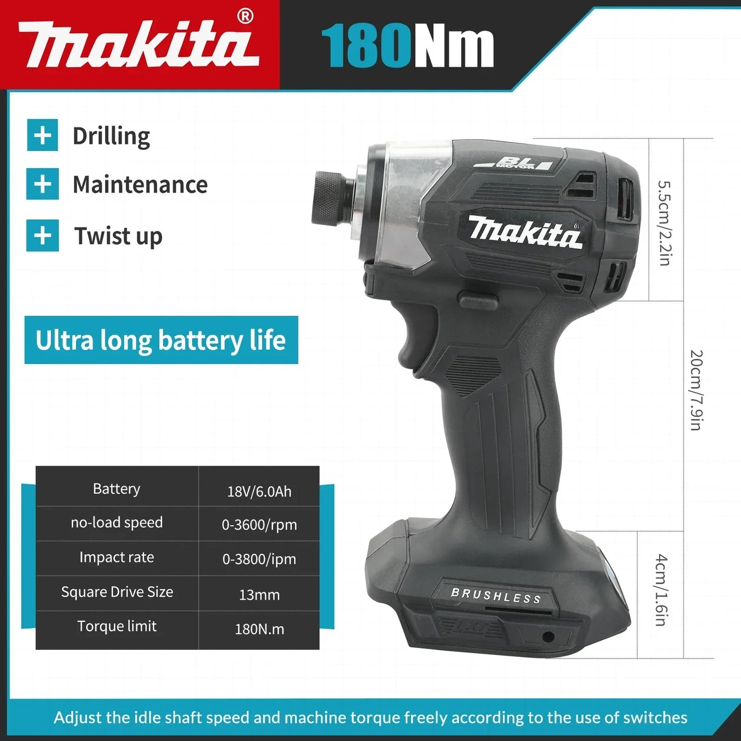 18V Cordless Brushless Impact Driver - 180 N·m (133 ft-lb) Torque, T-Mode Electric Drill & Screwdriver for Wood and Bolt Driving, Rechargeable