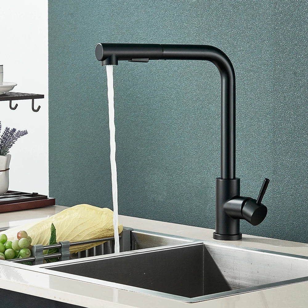 Black Pull-Out Kitchen Faucet Retractable Spray Single-Handle Deck-Mounted Mixer Tap Hot & Cold
