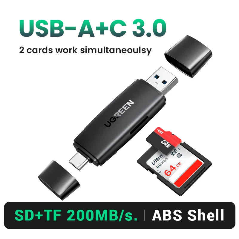 USB 3.0 Card Reader — SD & Micro SD (TF) Dual Slot 2-in-1, 5Gbps USB-A, Plug & Play, Supports up to 2TB