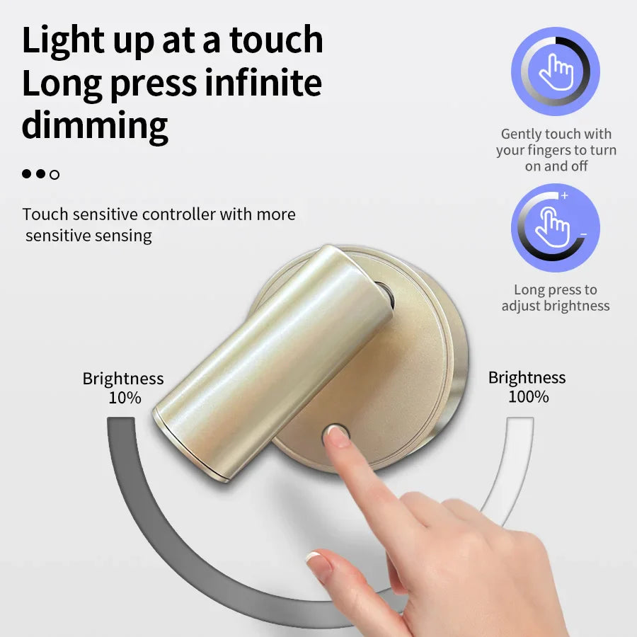 USB Rechargeable Magnetic LED Cordless Wall Light – Touch Dimmable Bedside Reading Lamp (Black/Gold/Silver/Orange/Coffee/White)
