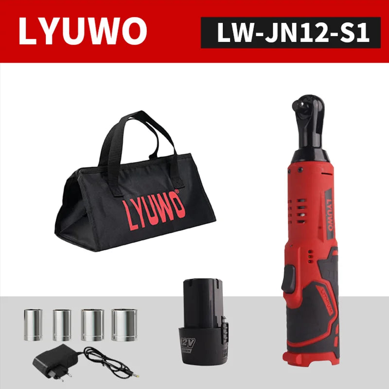 12V Cordless Right Angle Electric Wrench 45 Nm 3/8 in (9.5 mm) Ratchet Car Maintenance Tool with 4 Sockets