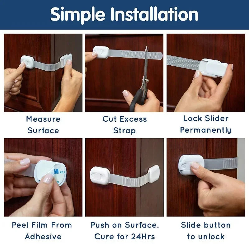Adjustable Baby & Childproof Cabinet Safety Lock — Adhesive Drawer Latch Strap for Cabinets, Drawers & Appliances