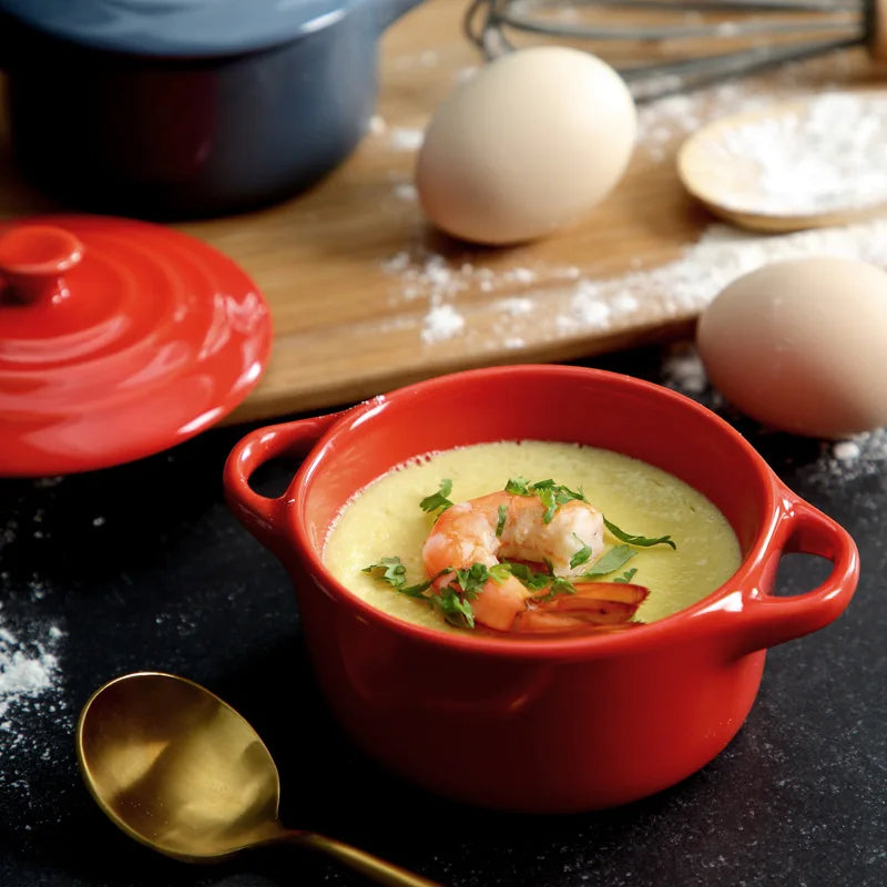 Porcelain Double-Handle Ceramic Bowl with Lid — Microwave & Steam Safe (13×7.5×9.8 cm | 5.12×2.95×3.86 in) for Steamed Eggs, Pudding & Soup