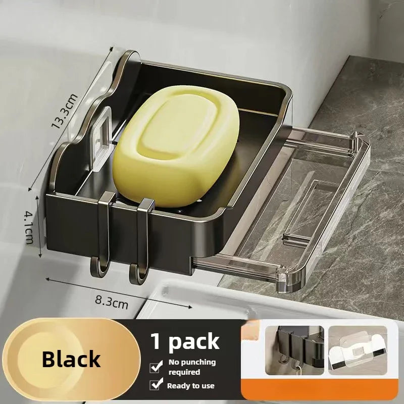 Wall-Mounted Free-Punch Soap & Sponge Holder, Double-Drain Plastic Soap Dish (11.3×8.3×4.1 cm | 4.45×3.27×1.61 in)