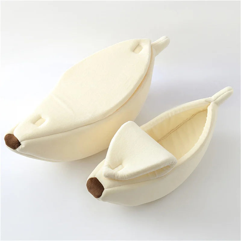 Banana-Shaped Plush Pet Bed – Cozy Cat & Small Dog House, Small (40×12×19 cm / 15.7×4.7×7.5 in) & Medium (51×14×20 cm / 20.1×5.5×7.9 in) – Yellow, Pink, Beige, Green