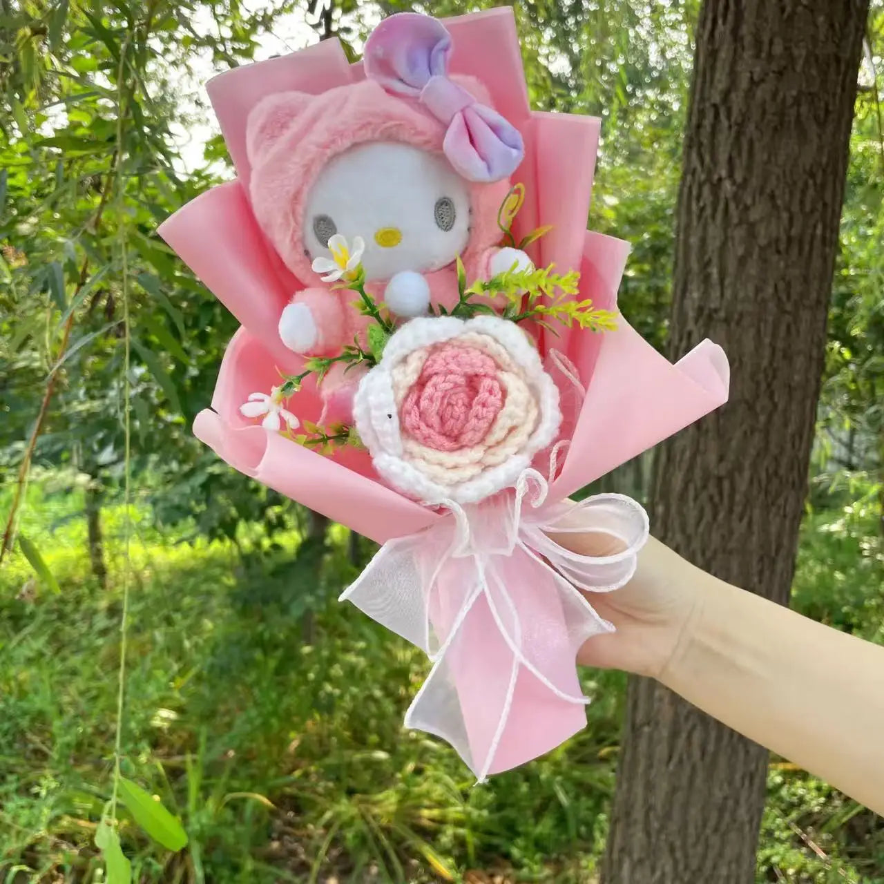Kawaii Cat Plush Bouquet with Artificial Flowers — Cute Plush Doll Gift for Her, Valentine, Birthday, Graduation