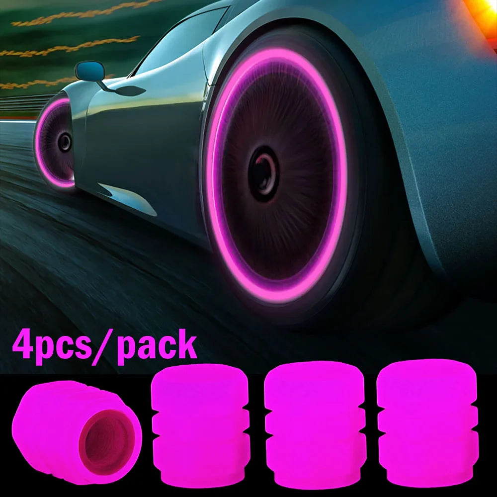 Glow-in-the-Dark Luminous Tire Valve Caps Set of 4 — Fluorescent Wheel Valve Stem Caps Universal for Car Motorcycle Bicycle