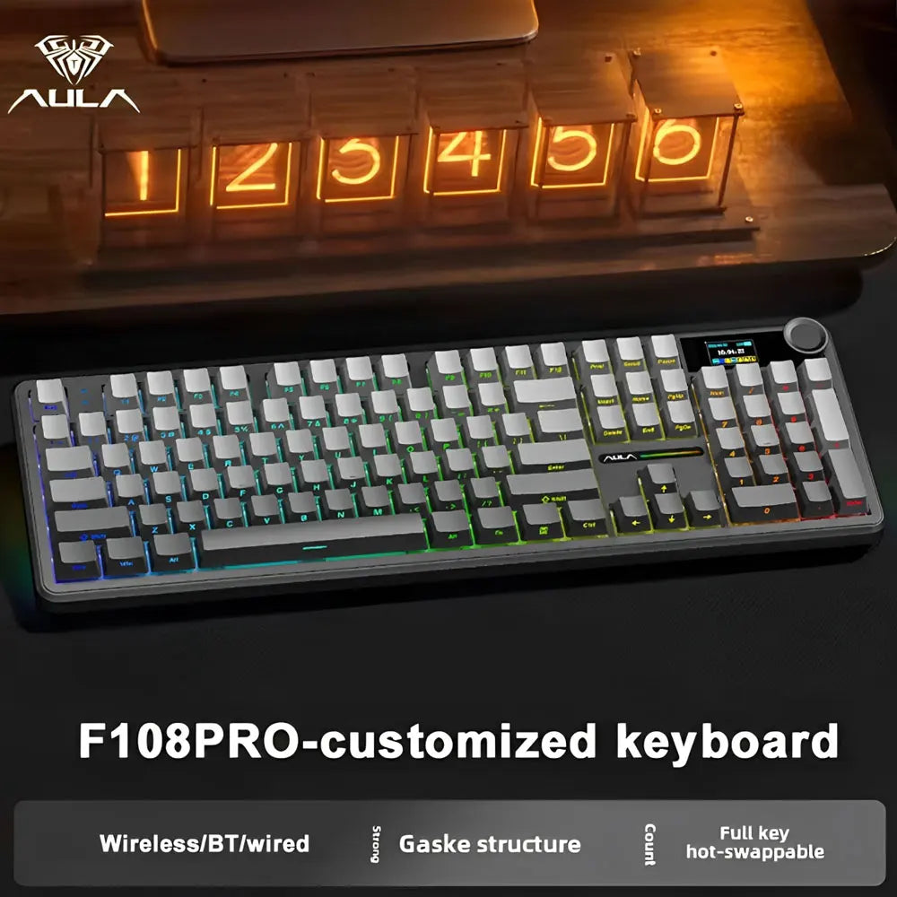 Mechanical Gaming Keyboard — Tri-Mode Bluetooth/2.4G/Wired, Hot-Swappable 108-Key, RGB, 1.14" (29 mm) TFT Smart Display, Multi-Function Knob, 8000mAh Battery, PBT Keycaps
