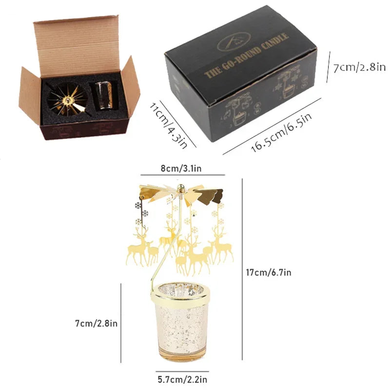 Rotating Tea Light Candle Holder Carousel Stand 6.7x3.1in (17x8cm) Metal Spinning Candlestick Gold Silver Home Party Christmas Decor Gift