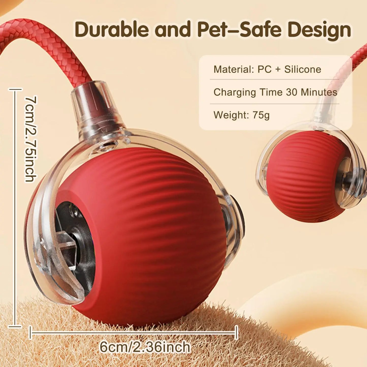 Interactive Rechargeable Cat Ball Toy with Faux Fur Tail — Automatic Rolling Smart Pet Ball (USB-C) for Cats & Small Dogs