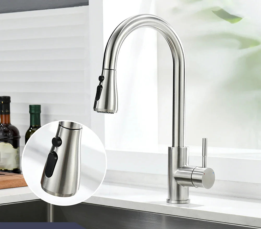 360° Rotating Telescopic Pull-Out Kitchen Faucet - Brushed Nickel, Single-Handle Deck Mount
