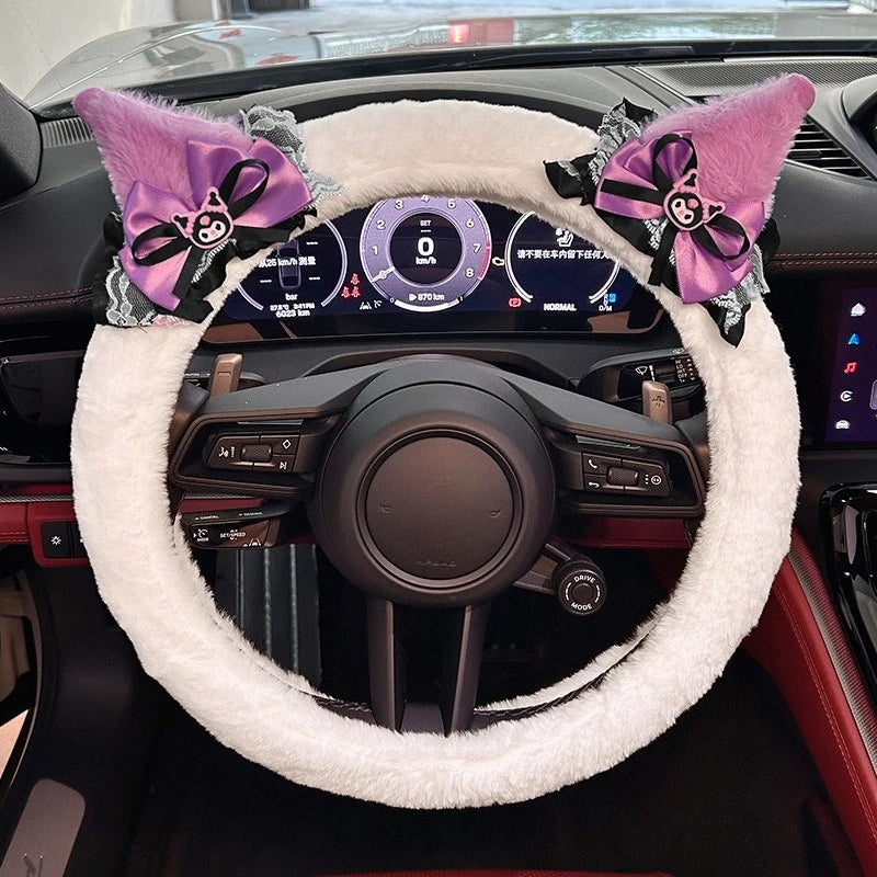 Kuromi Plush Steering Wheel Cover Soft Warm Anti-Slip 38cm (15 in) Car Accessory for Girls