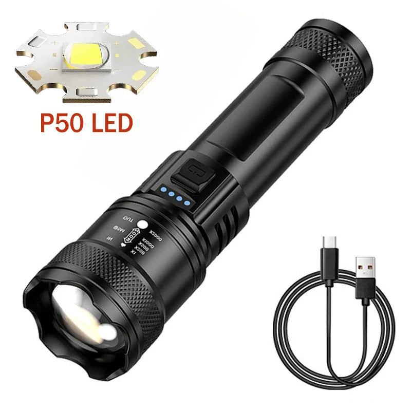 2000LM Tactical LED Flashlight with LCD Battery Display — USB-C Rechargeable Zoom Torch, IP67 Waterproof Power Bank for Camping & Emergency
