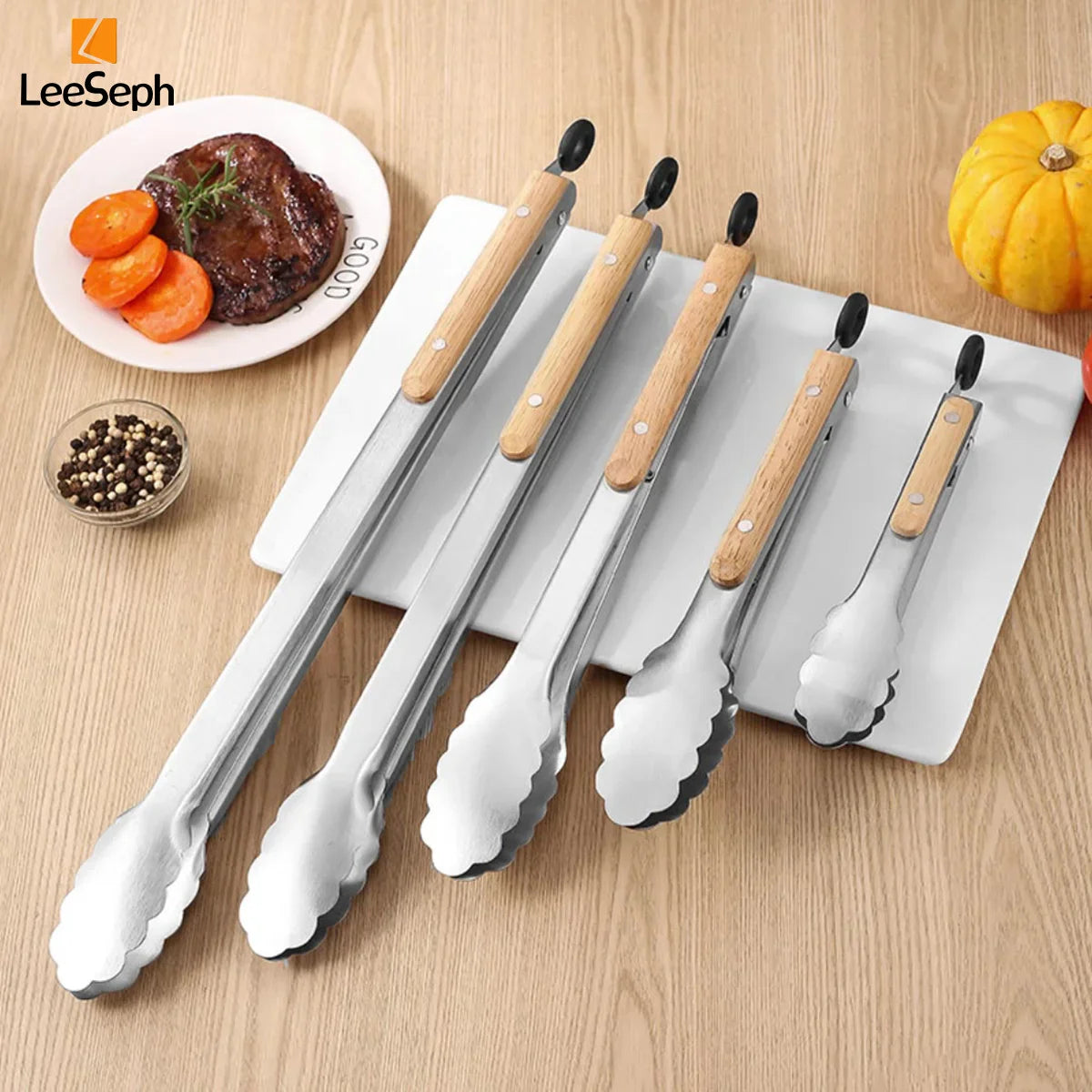 Stainless Steel Grill & Salad Tongs with Oak Handle, Locking Ring, Heat-Resistant — 5 Sizes Available