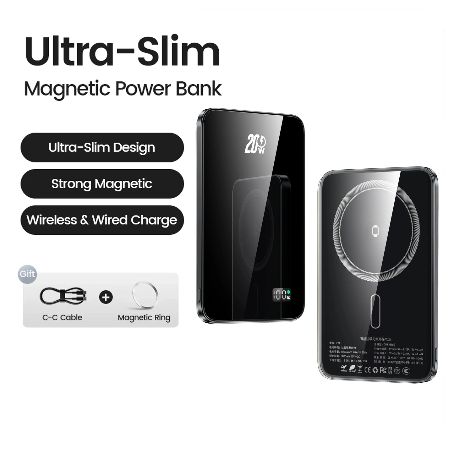Magnetic 10,000mAh 20W Wireless Power Bank — MagSafe-Compatible Slim USB-C Portable Charger for iPhone, Apple Watch & Samsung