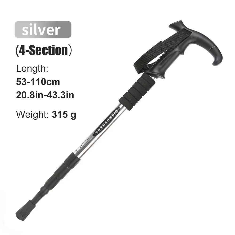 Folding 4-Section Telescopic Trekking Pole - Lightweight Aluminum Hiking Stick with T-Handle, Adjustable 21-43 in (53-110 cm)
