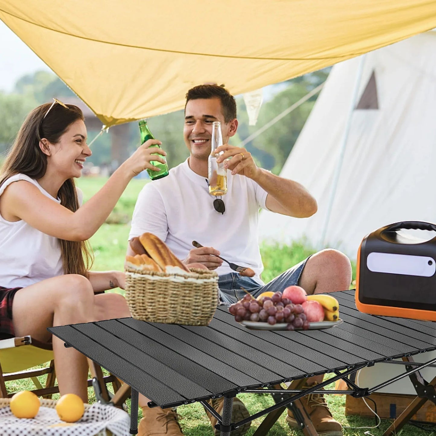 47.2in (120cm) Portable Roll-Up Folding Camping Table - Carbon Steel Outdoor Picnic Table with Storage Basket & Carry Bag, Black