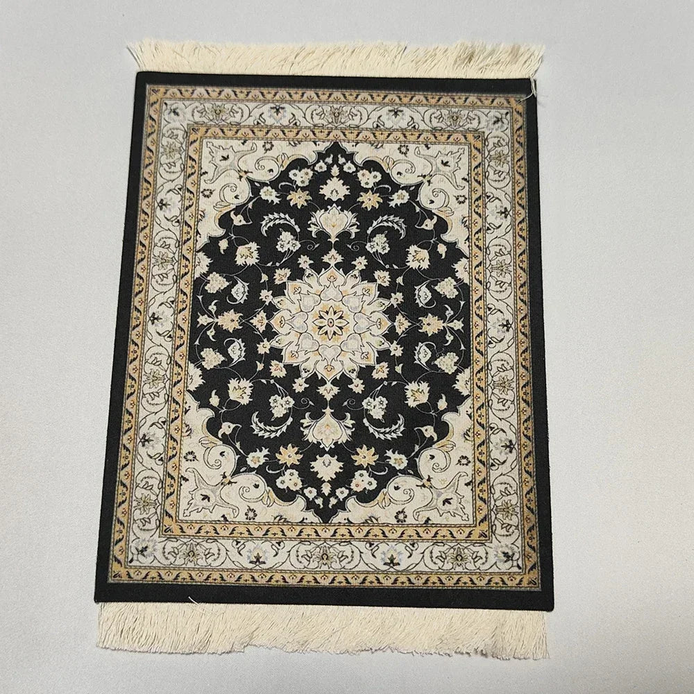 Woven Persian Flower Mouse Pad 9.1 x 7.1 in (23 x 18 cm) Non-Slip Rubber Desk Mat with Fringe — Retro Style