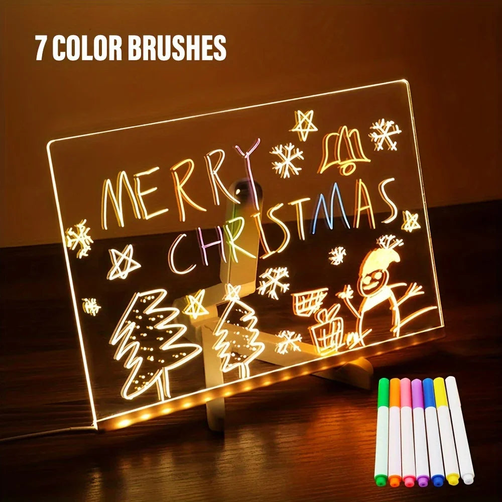 LED Acrylic Message Board Night Light with 7 Color Pens - Erasable DIY Neon Note and Drawing Board for Kids
