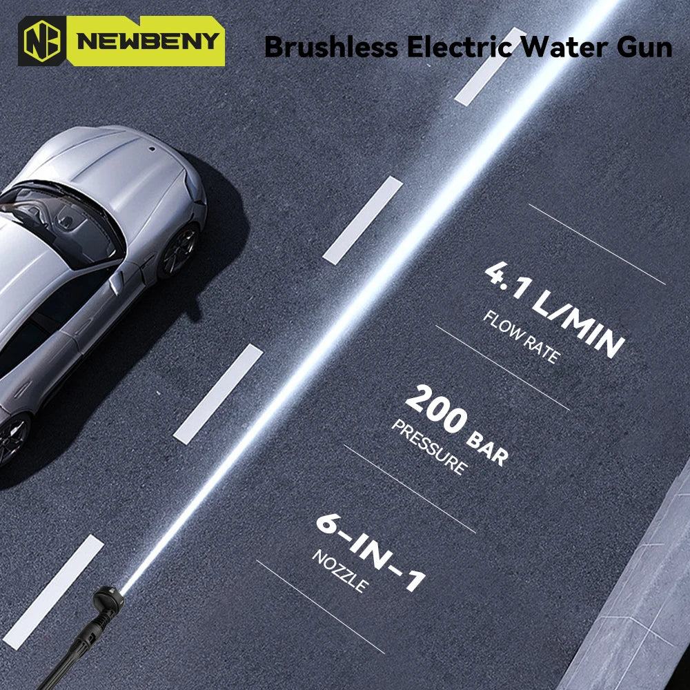 200 Bar (≈2900 PSI) Brushless Cordless High-Pressure Car Washer Gun - 6-in-1 Nozzle, 18V Battery Compatible, 5 m (16.4 ft) Hose
