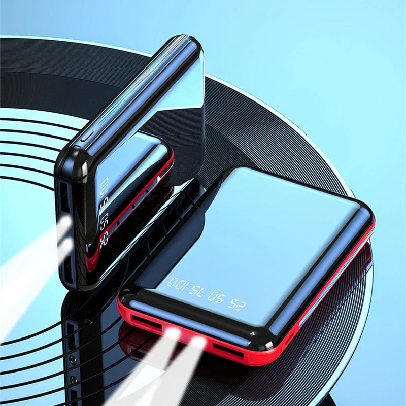 20000mAh Portable Power Bank with LED Mirror Screen, Built-In Cables & Dual USB — External Charger for Smartphones