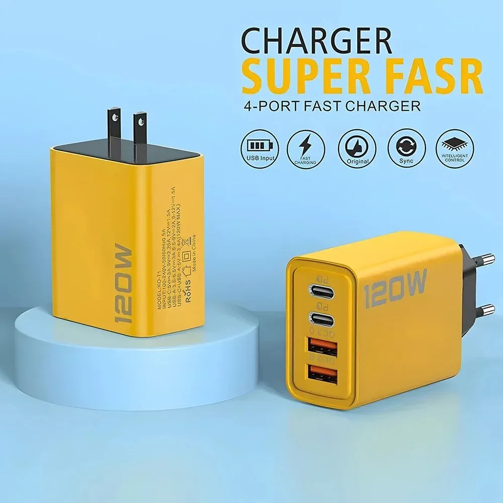 120W 4-Port PD Fast Charger Wall Adapter – 2 USB-C & 2 USB-A Quick Charge with US/EU Plugs