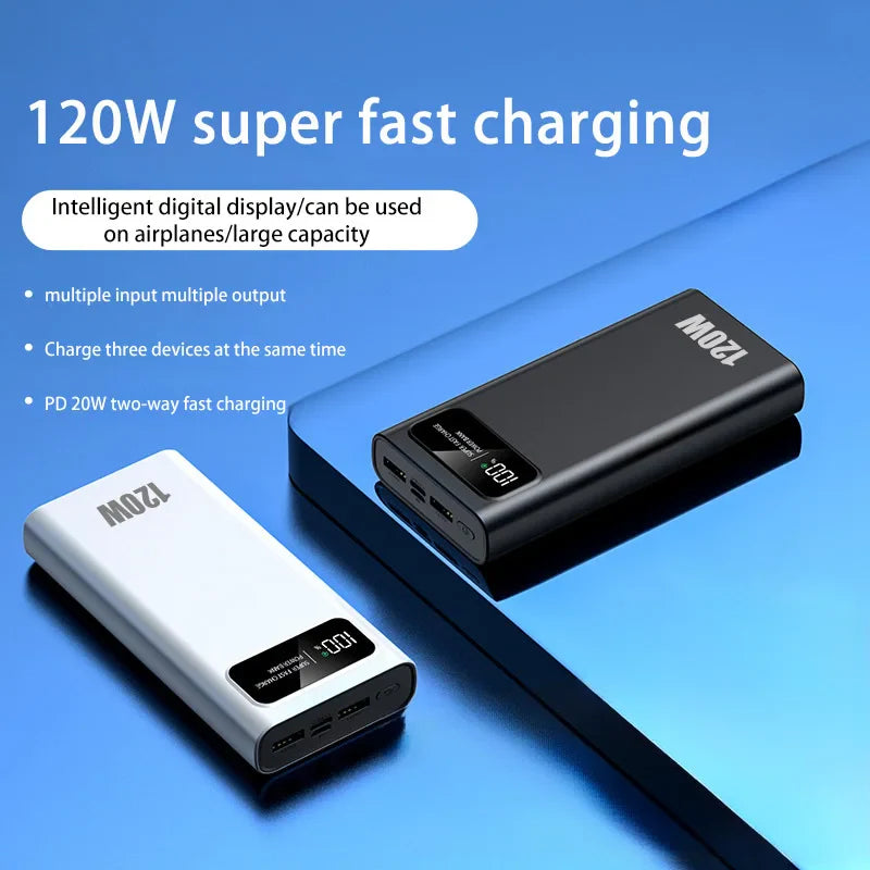 120W 200000mAh Digital Display Portable Power Bank - Fast Charger for Smartphones & Laptops (USB-A, USB-C, Micro USB)