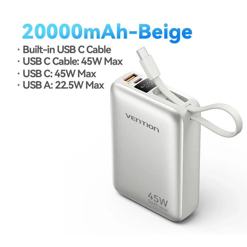 45W 20000mAh Power Bank with Built-in USB-C Cable, Fast Charging Portable Charger for iPhone Samsung Xiaomi