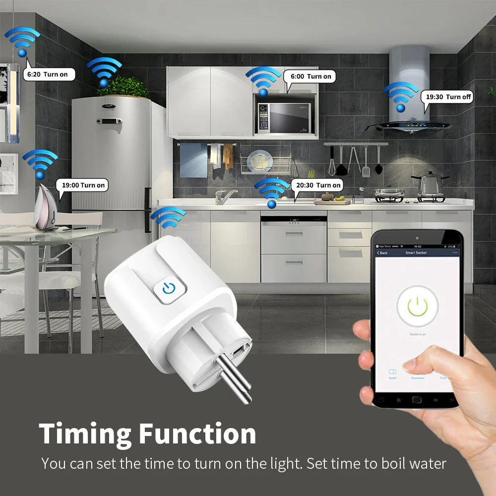 Smart WiFi Dual Outlet Wall Socket 16A/20A – Voice Control with Google & Alexa, Timer & Energy Monitoring (EU Plug)