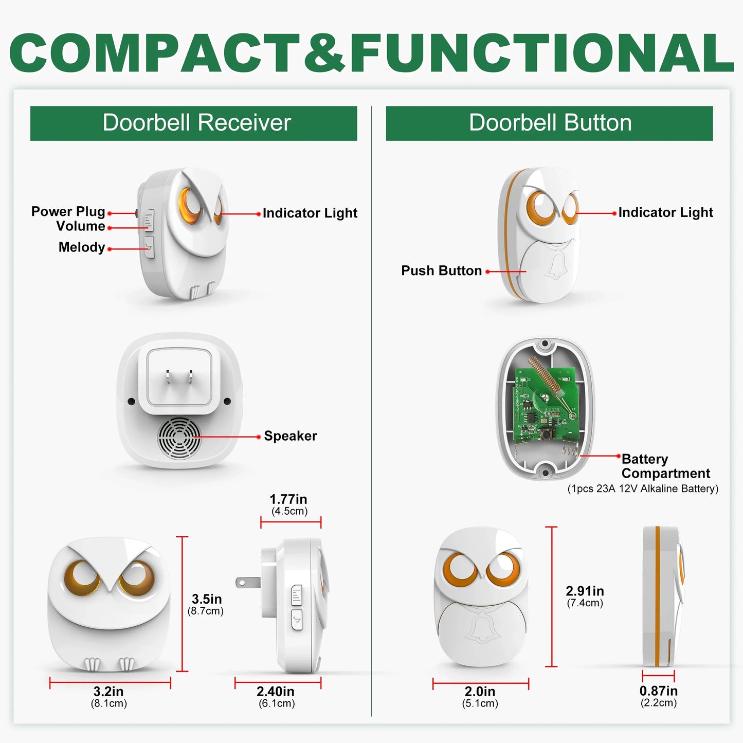 Wireless Doorbell Chime Kit 1000ft (300m) Long Range Waterproof Outdoor Push Button, 35 Melodies, Expandable (1 Receiver & 2 Buttons)