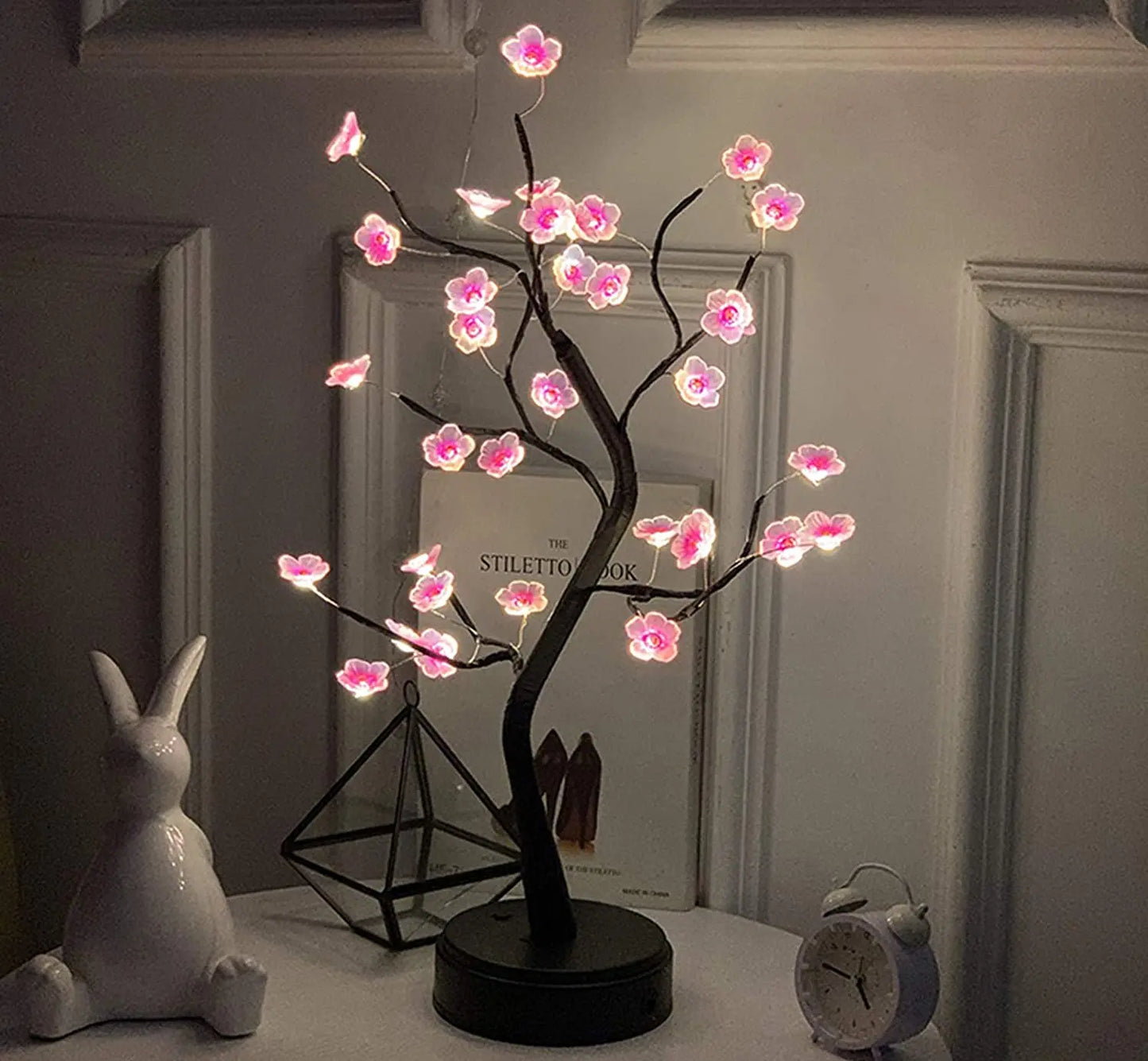 Cherry Blossom Bonsai LED Table Lamp 19.7in (50cm) USB or 3×AA Battery Powered Touch Sensor Night Light Tabletop Decorative Tree