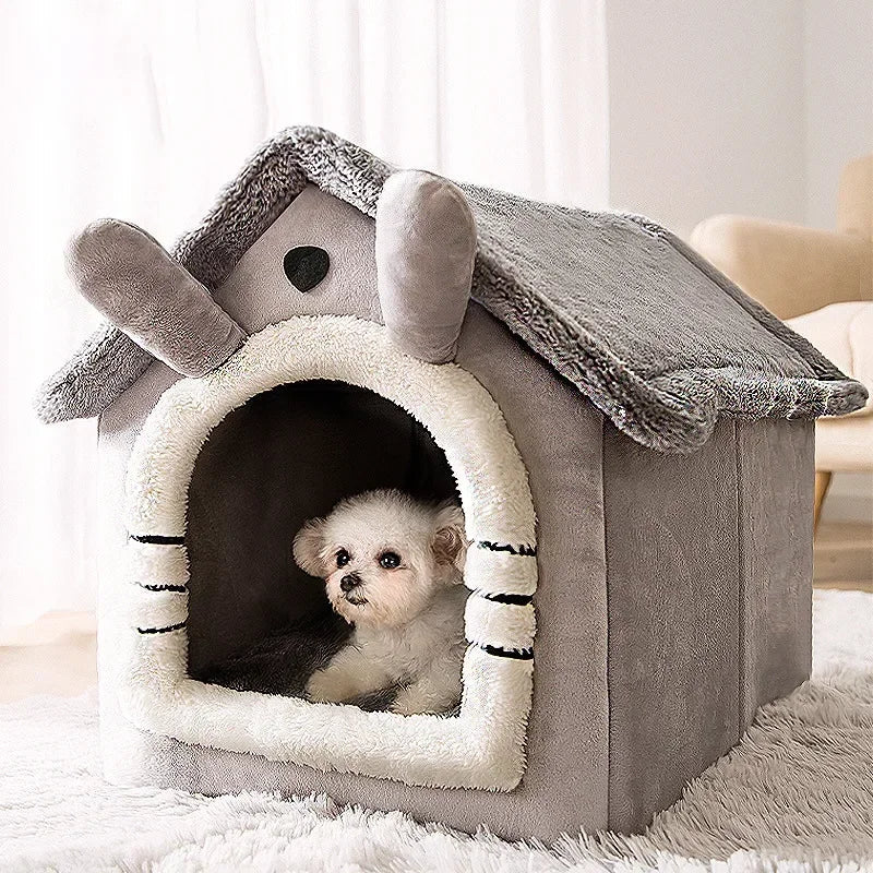Foldable Plush Pet House Bed — Cozy Winter Dog & Cat Nest, Puppy Cave Sofa for Small & Medium Pets (S/M/L, Removable Cover)